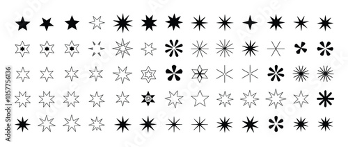 black icons stars set of 65, rating star icon, star vector collection, modern simple stars, and vector illustration featuring various shapes like celestial sparkles, geometric ornaments, and festive.