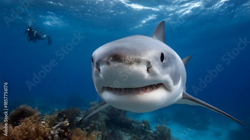 A great white shark swims near a coral reef with a distant diver exploring the blue ocean depths