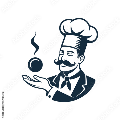 Vintage chef mascot logo with mustache holding steaming gourmet food
