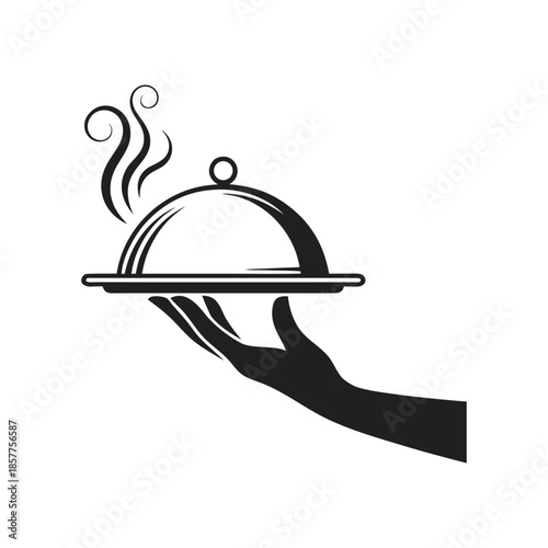 Restaurant service icon with hand carrying hot food platter cloche
