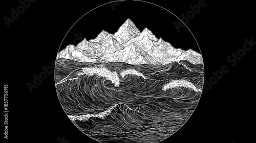 Hand-drawn illustration: towering mountains overlook turbulent ocean waves in a circular black and white frame. Nature's power.