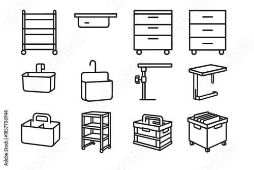 Caddy cabinet crate mobile portable side vector wheels cart desk icon storage