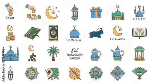 Collection of Islamic culture and holiday illustrations, featuring Eid, Ramadan, and religious symbols.