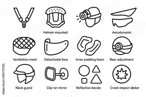 Vector dial reflective safety mesh icons mirror padding icon helmet crash inner