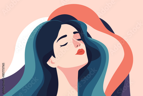 Woman with curly hair meditating in lotus pose on mountain at sunset, modern flat vector illustration symbolizing yoga, mindfulness, inner peace, spiritual balance and zen relaxation in nature.