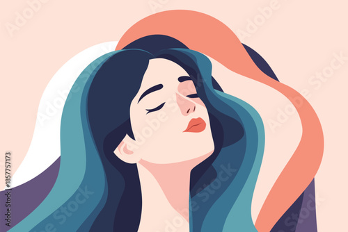 Woman with curly hair meditating in lotus pose on mountain at sunset, modern flat vector illustration symbolizing yoga, mindfulness, inner peace, spiritual balance and zen relaxation in nature.