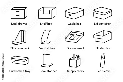 Hidden tray sleeve icons vector compact box book drawer storage insert slim