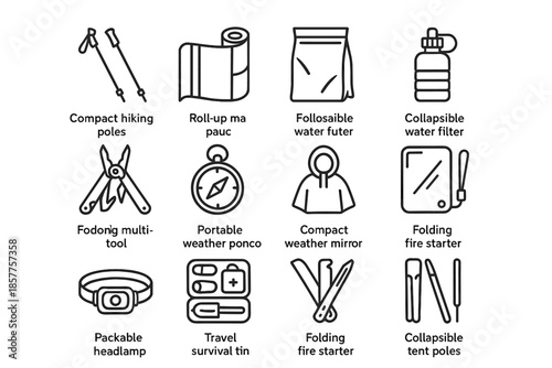 Foldable pouch icon compact gear vector adventure folding poles headlamp starter pocket