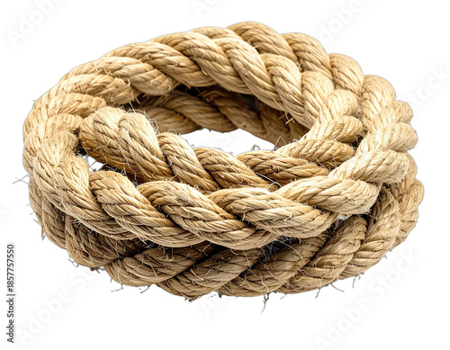 A close-up view of a coiled, thick rope with intricate twisted strands. Isolated on black