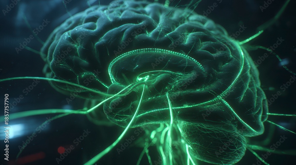Obraz premium A luminous, detailed 3D rendering of a human brain, with neon green neural pathways, set against a dark background