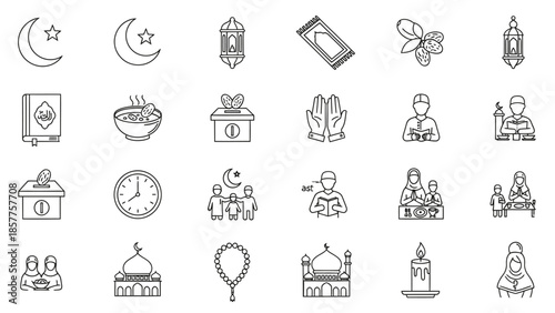 Collection of Islamic and Ramadan Outline Icons Representing Cultural and Religious Practices