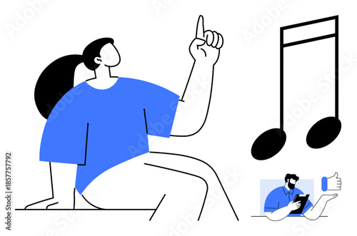 Music appreciation, digital communication, creative expression, sound design, online engagement, digital marketing. Person pointing upward with a music note and a man using a smartphone. Music