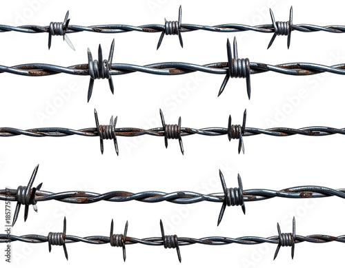 Close-up of several strands of rusty barbed wire against a black background