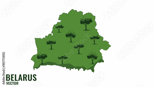 Green map of Belarus covered with lush trees illustrating the country's natural landscape and