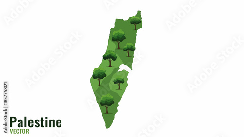 Stylized green map of Palestine featuring a canopy of diverse trees across its geographical