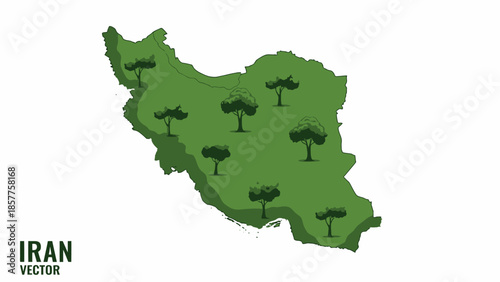 Green map of Iran with diverse trees illustrating ecological balance and natural resource growth