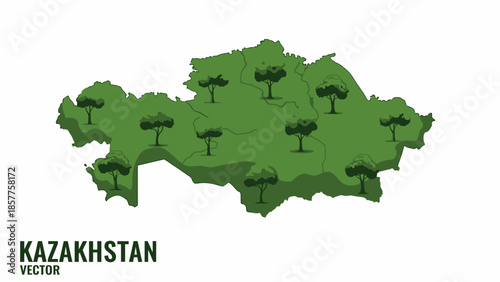 Kazakhstan map illustration with green trees symbolizing environmental sustainability and natural