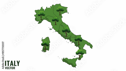 Green Italian land illustration with scattered trees depicting natural beauty and environmental