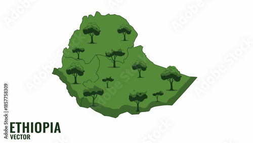 Illustrative green map of Ethiopia showcasing scattered native trees across its diverse natural