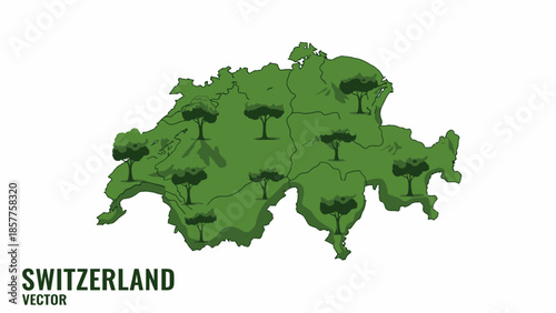 Green Switzerland map with trees representing ecological landscape and environmental conservation