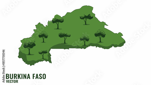 Vibrant green map of Burkina Faso adorned with numerous trees illustrating its natural landscape