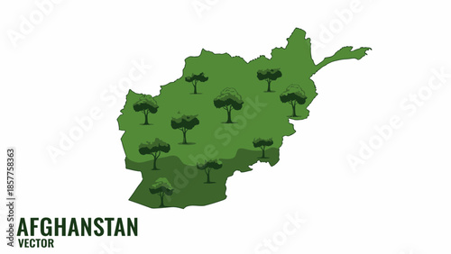 Geographical outline of Afghanistan rendered in verdant tones with a symbolic forestation pattern