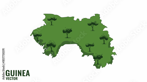 Lush green geographic representation of Guinea's landmass adorned with trees symbolizing its