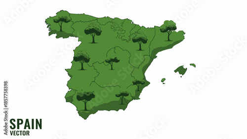 Eco-friendly Spain map with lush green trees symbolizing environmental commitment and natural