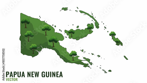 Stylized cartographic representation of Papua New Guinea showcasing its vibrant forested terrain