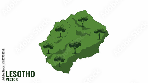Lesotho nation's land vector graphic with lush green terrain and indigenous trees for geographical
