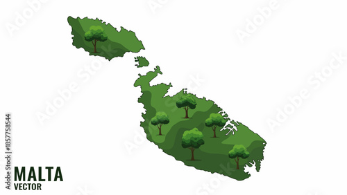 Vibrant green map of the Maltese islands adorned with lush trees, symbolizing ecological growth