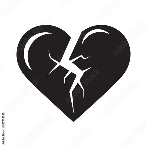A black heart icon symbolizing heartbreak and emotional pain with a large crack