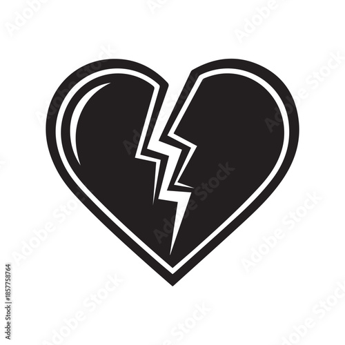 A black and white graphic illustration of a broken heart icon symbolizing sadness and loss