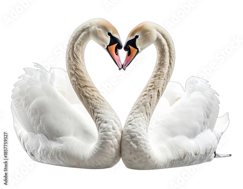 Two majestic white birds with curved necks form a heart shape, set against a transparent backdrop