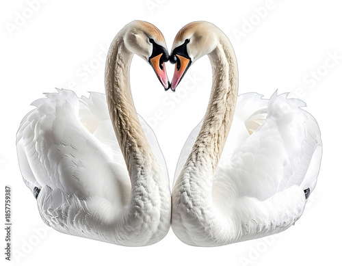 Two elegant white swans form a heart with their necks, a symbol of love and affection