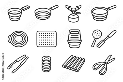 Pot vector compact icon cookware tongs dish skimmer foldable saucepan handle