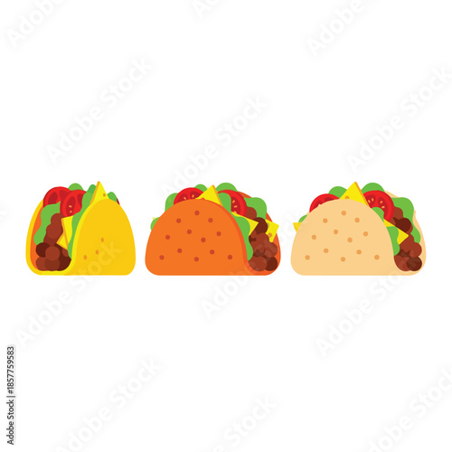 Three Tacos with Meat Cheese and Vegetables.
