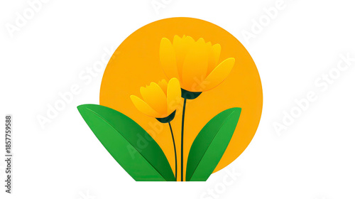 Yellow flower green leaf nature spring floral botanical bloom sunlight summer illustration create cheerful and vibrant scene with two yellow flowers and green leaves against bright yellow circle