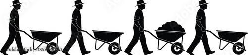 Black silhouette of a male worker pushing a wheelbarrow in a sequence showing an empty tray vs a full load