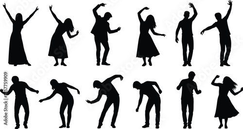 Black silhouettes of diverse people dancing and celebrating in joyful poses isolated on white background for party and event design