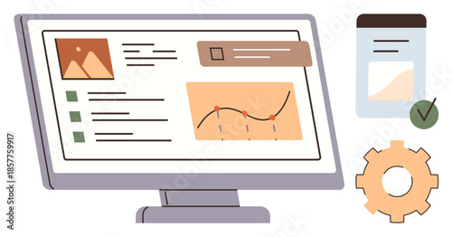 Computer monitor displaying a dashboard with data charts, checklists, and notifications. Nearby, a mobile app, checklist, and gear icon. Ideal for workflow, analytics project planning productivity