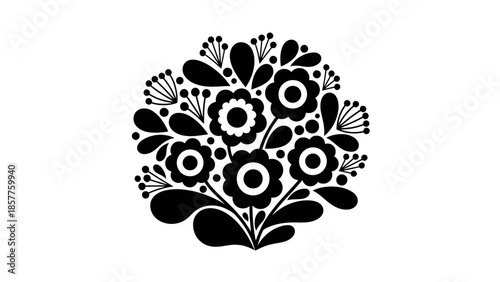 Abstract Black and White Circular Floral Pattern, Modern Decorative Design Element, Isolated White Background