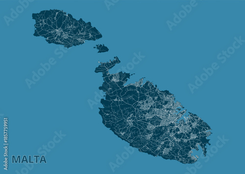 A detailed map of Malta is displayed against a solid blue background. The map itself is rendered in a darker shade of blue, with intricate white lines representing roads and urban areas.