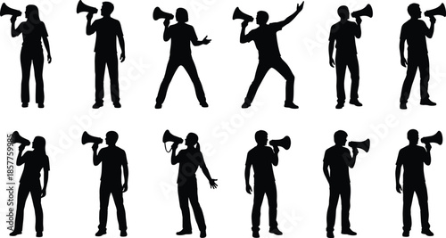 WBlack silhouettes of various people holding megaphones and shouting in various poses isolated on white background for protest and communication