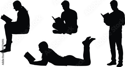 Collection of black vector silhouettes illustrating people reading books while standing, sitting on a chair, cross legged, and lying down.