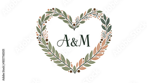 Botanical Heart-Shaped Wreath with Initials A and M, Personalized Rustic Floral Frame on Isolated White Background