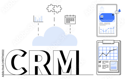 Customer management, cloud technology, business analytics, digital tools, workflow organization, process automation. CRM text with cloud symbol and charts. Customer management and cloud technology