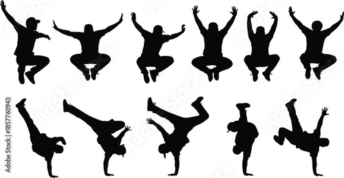 Set of isolated black vector silhouettes of men breakdancing, jumping, and performing street parkour stunts on a white background.