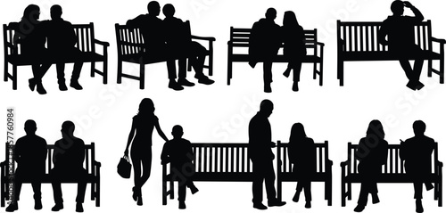 Set of isolated black vector silhouettes of people sitting on park benches, couples and individuals resting on white background.