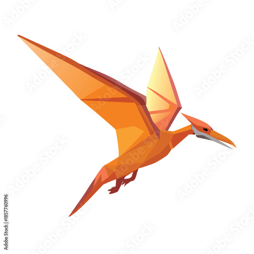 Low Poly Orange Pterodactyl Flying Dinosaur Vector Illustration